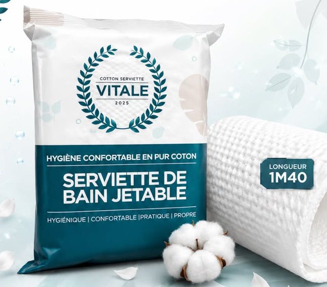 Sachet VITALE Serviette de bain jetable, serviette roulée et fleur de coton